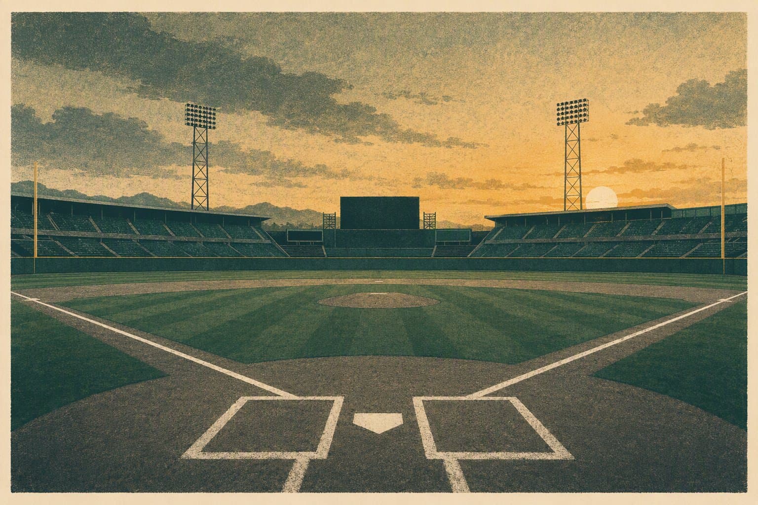 Baseball stadium at dusk - illustration, Jake Team LLC
