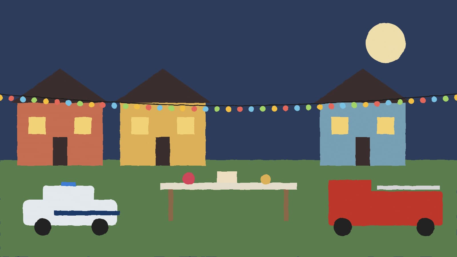 Neighborhood block party at dusk - illustration, Jake Team LLC