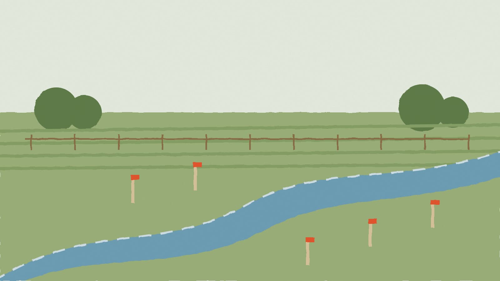 Farmland creek and survey stakes - illustration, Jake Team LLC