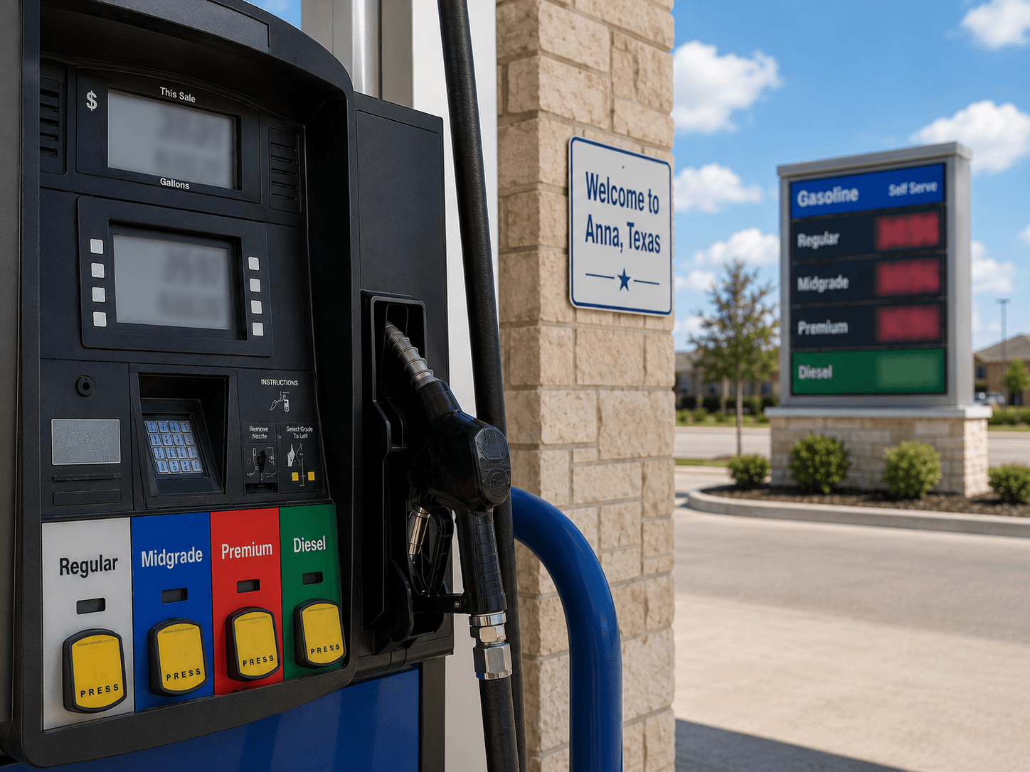 Gas prices at the pump in Anna Texas - Illustration by Jake Team LLC