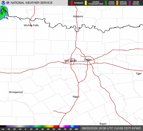 Latest National Weather Service radar for North Texas (KFWS radar). Source: radar.weather.gov.