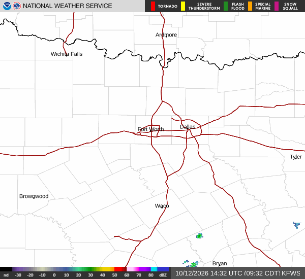 Latest National Weather Service radar for North Texas (KFWS radar). Source: radar.weather.gov.