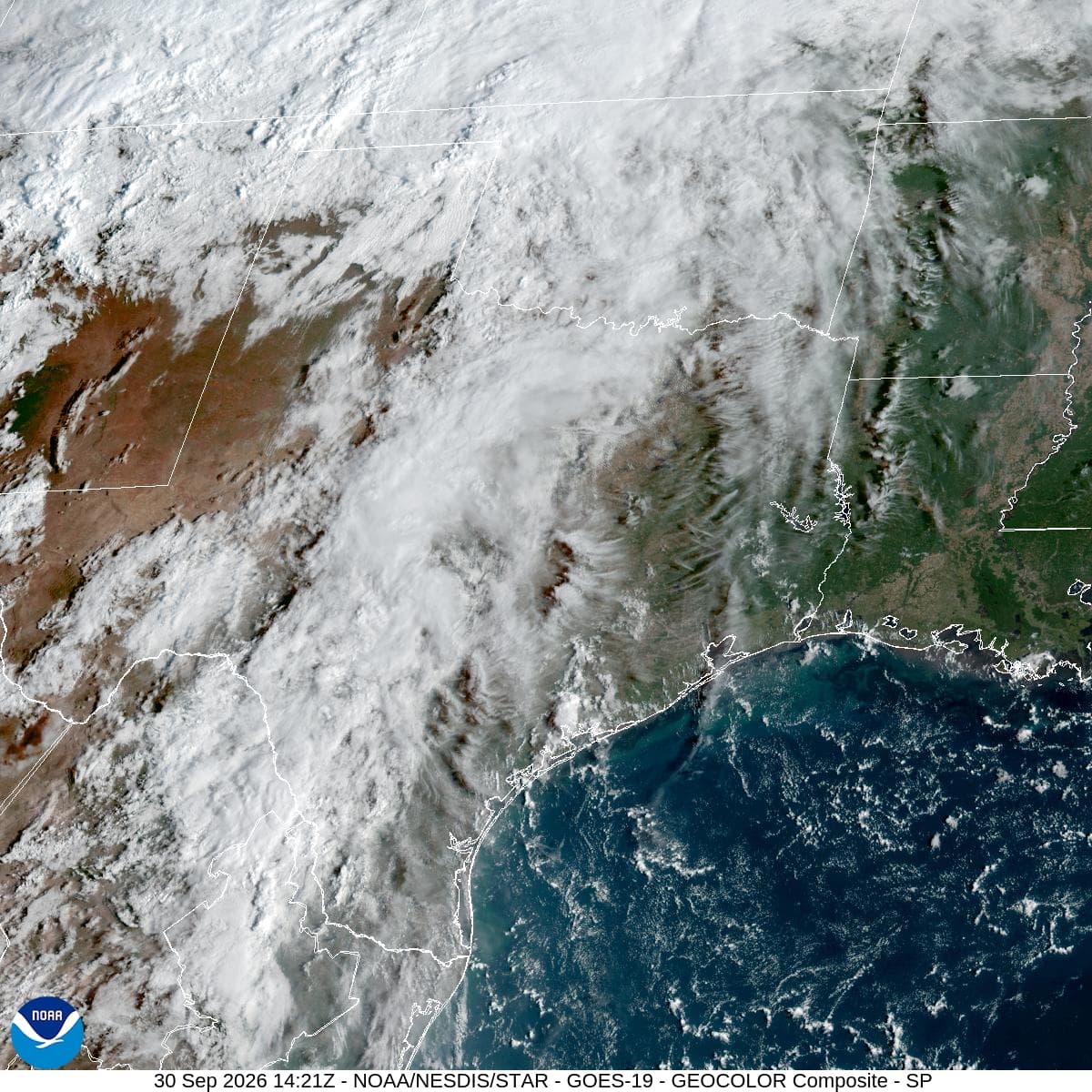 GOES-19 GeoColor satellite composite of Texas and neighboring states at 9:21 a.m. CDT September 30, 2026. Credit: NOAA/NESDIS/STAR.